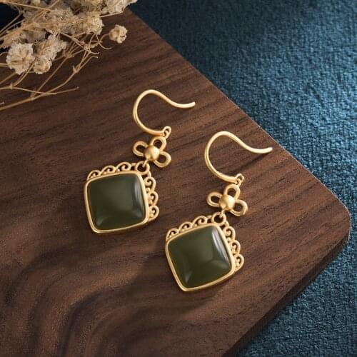 Green Stone Flower Earrings for Women Vintage Chinese Ethnic Blue Creative Elegant Earrings Female Jewelry Gift M4