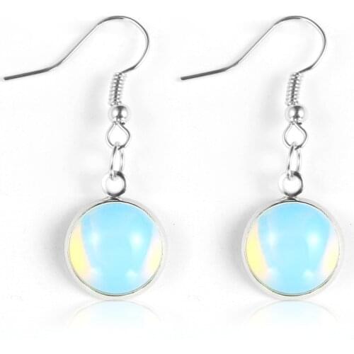 Natural Gem Stone Pendant Dangle Earring For Women 12mm Small Opal Crystal Round Statement Drop Earring Fashion BOHO Jewelry