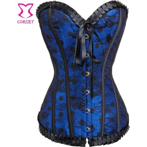 Polka Dot Blue Satin With Floral Lace Bustier Gothic Corset Sexy Korsett For Women Burlesque Corpetes E Espartilhos Para Festa