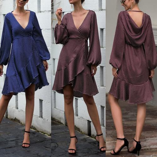 Women Polka Dot Irregular Ruffled Dress V-neck Long Sleeve Dress Summer Party -OPK