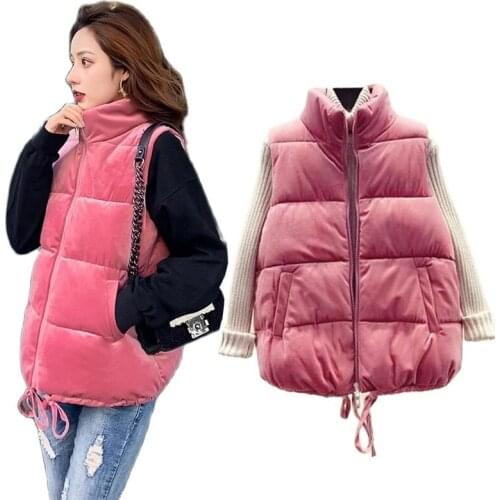 PinkyIsBlack Sleeveless Women Vest Jacket Winter Short Velvet Down Vest Female Stand Collar Vest Women Windproof Warm Waistcoat