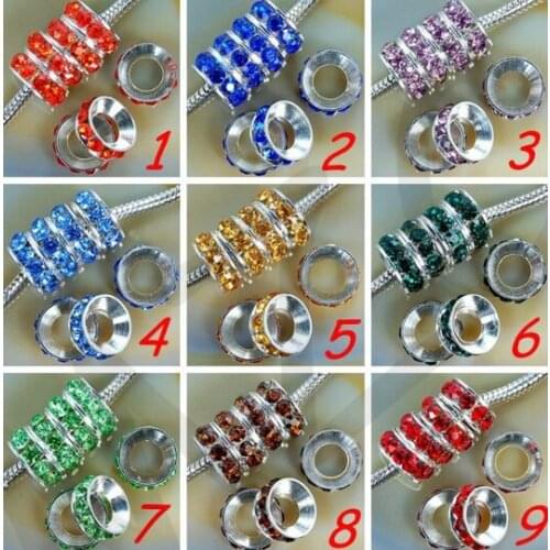 10mm 100pcs/lot white mixed multicolor p2453 Rondelle Spacer Beads Lot round silver Plated Big Hole European Bead crystal