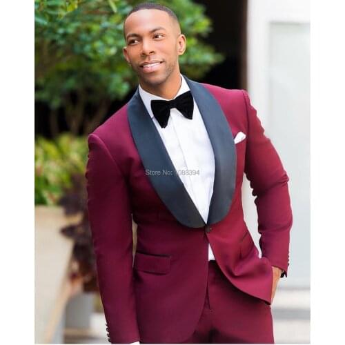 2019 Men Suits With Pants Burgundy Groom Wear Tuxedos 2 Piece Set Wedding Suits Groomsmen Best Man Formal Business Suit For Men