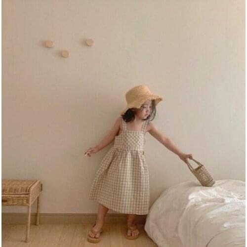 2021 Kids Girls Cotton Linen Dress Brief Strap Plaid Sleeveless Baby Girls A Dress Summer Spring Autumn Wholesale Bulk Clothes