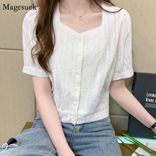 2021 Office Ladies White Shirt Tops Square Collar Lace Ladies Blouse Casual Plus Size Blouses Tops For Women Summer Blusas 9777