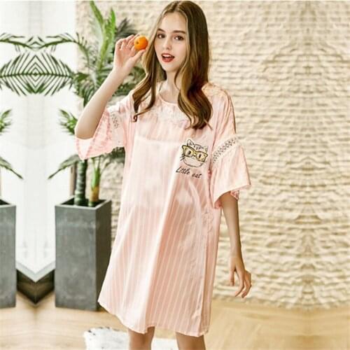 2022 Nightgown Pijama Sexy Lace Silk Night Dress Half Sleeve Hollow Out Loose Pyjamas Women Nightwear Sleepwear Nuisette AD539