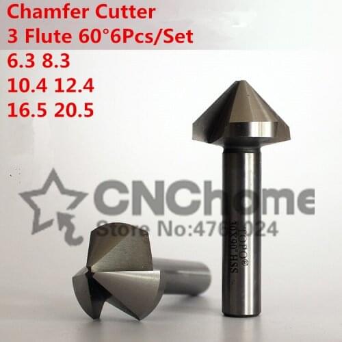6pcs 3 flute 60 degree HSS Chamfer Cutter Chamfering Drilling Mill Drill Set Milling Cutting Tool Set Free shipping
