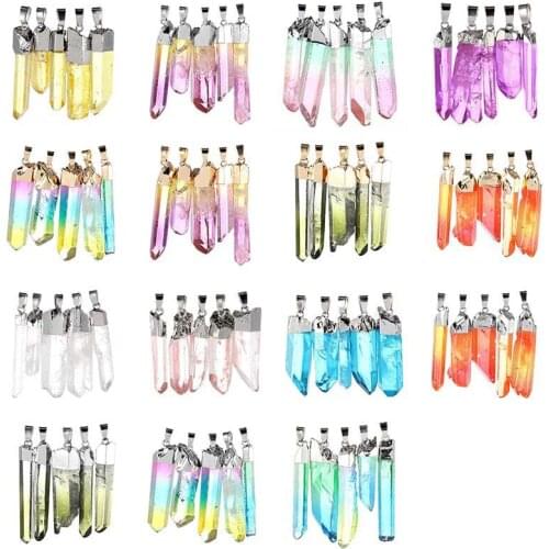 6pcs/lot Hot Selling Irregular Mixed Color Rainbow Clear Quartz Natural Stone Pendulum Pendant Necklace Jewelry Free shipping