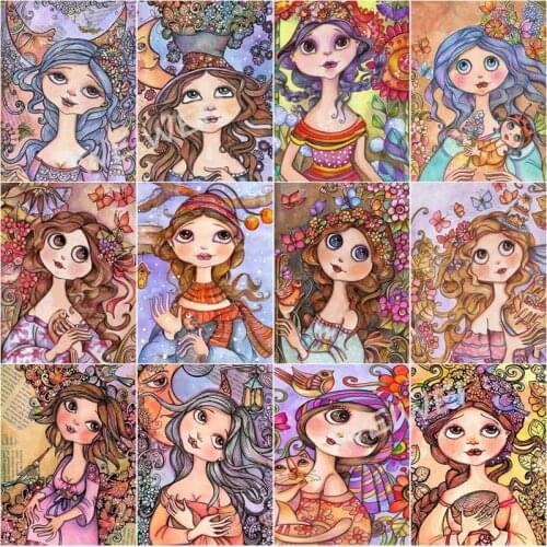 5D Diy Full Square Round Drill Diamond Painting Cartoon Characters Big Eyes Long Curly Hair Girls Mosaic Embroidery Home Decor