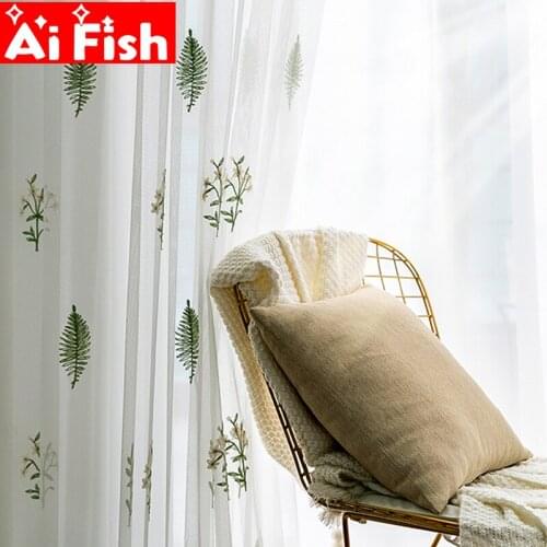 American pastoral green plant flower embroidery tulle curtains for living room white mesh bedroom yarn fabric MY485#4