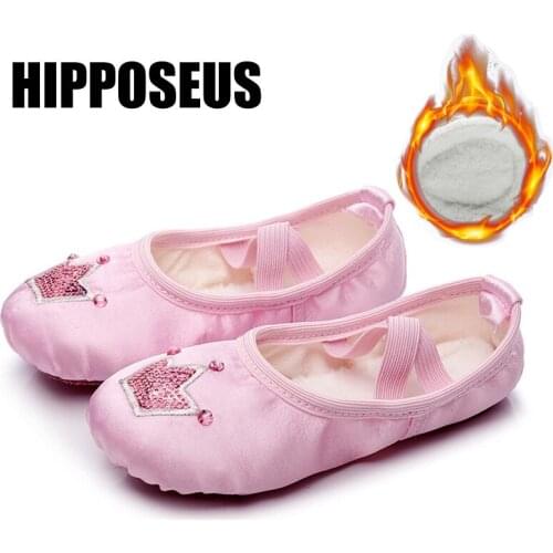 HIPPOSEUS Ballet Shoes Warm Girls Yoga Belly Slippers Non-slip Soft Canvas Children Gym Winter Ballet Exercise Dancing Shoes