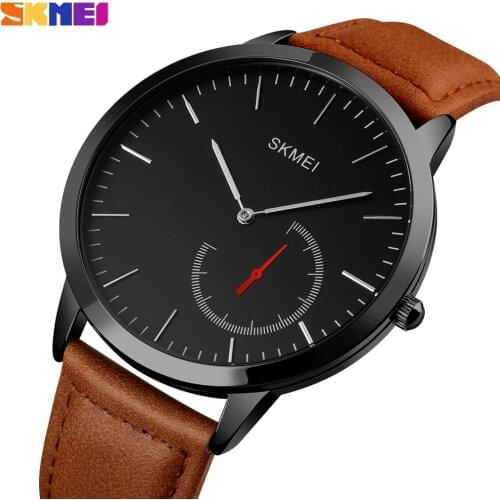 SKMEI Fashion Mens Quartz Watch Luxury High Hardness Glass Slim Male Wristwatches Leather Strap Waterproof Clock reloj hombre