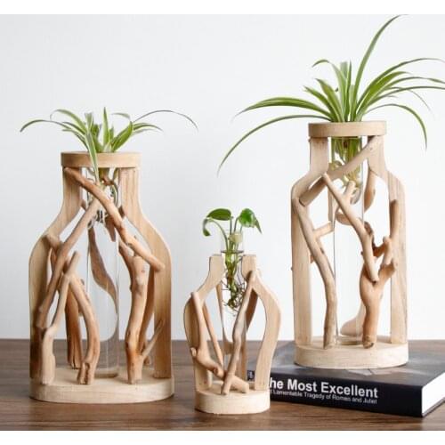 Pure Handwork Wooden Vase Decorated Solid Wood Flower Pot for Creative Glass Floral Hydroponic Container Home Decorative Vase