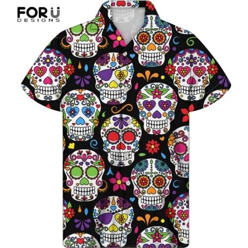 FORUDESIGNS Hawaiian Style Sugar Skull Printing Mens Short Sleeve Shirt Button Comfortable Classic Summer Loose Top Shirts