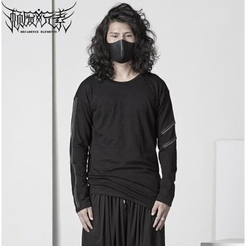 Metal zipper decorated long-sleeved T-shirt cotton, personalized designer fashion mens clothing, port style dark black