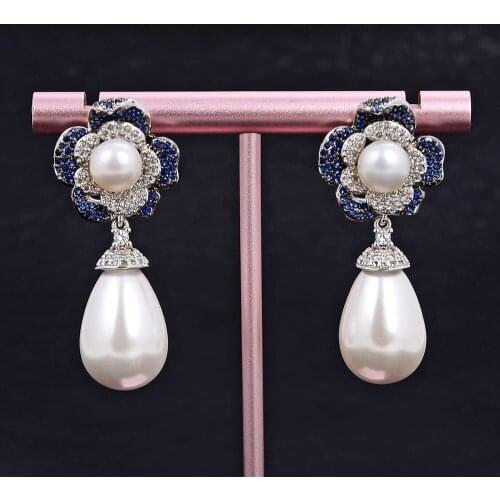 GuaiGuai Jewelry White Teardrop Sea Shell Pearl Blue Cz Pave Flower Stud Earrings