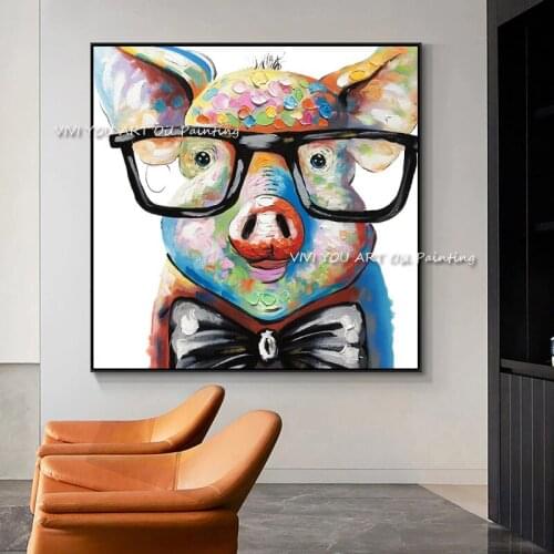 100% Handmade Abstract Animal Pig oil painting Scenery Colorful Larg Grey Canvas Modern for Kid Living Room Gift Decoration