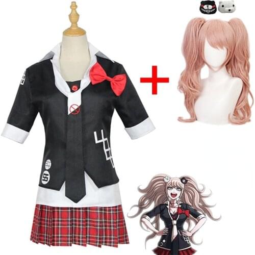 Danganronpa Enoshima Junko Full Cosplay Costume High School Student Uniform Cafe Work Clothes Short Skirt Ponytail Wig