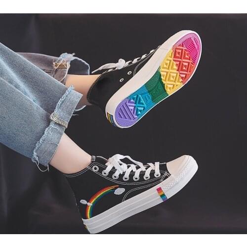 Womens White Canvas Sneakers Rainbow Vulcanized Shoes Woman Sneakers High Top Canvas Shoes Fashion Summer Sneaker Flats Shoes