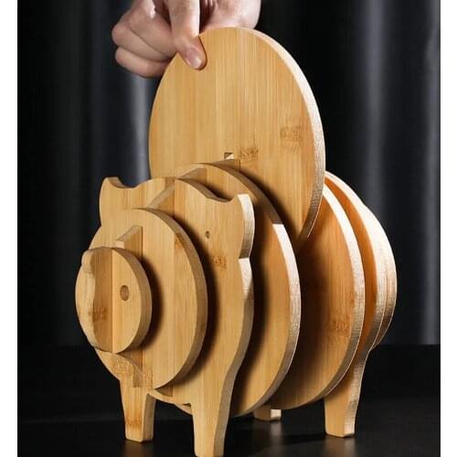 Little Sheep Pig Wooden Bamboo Coaster Cute Household Items Placemat Animal Decoration Heat Insulation Pad Lovely Ornaments