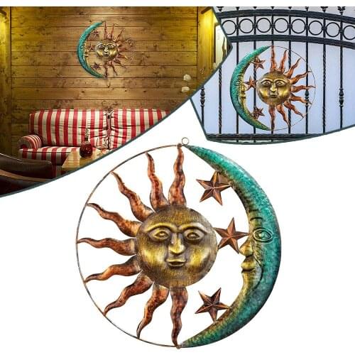 Metal Wall Art Decoration Creative Sun Moon Statue Hanging Ornaments Decor for Home Living Room Garden