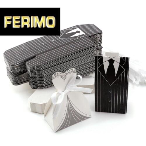 DIY Wholesale Wedding Favors Wedding Party Favor Boxes Creative Tuxedo Dress Groom Bridal Candy Gift Box with Ribbon