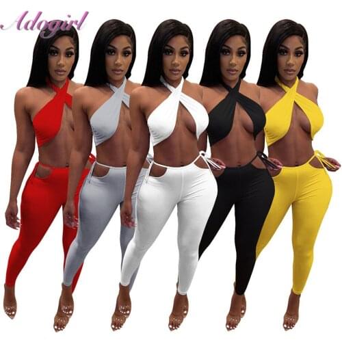 Sexy Summer Two Piece Set Women Solid Cross Halter Backless Bra Tank Tops Legging Pant Party Club Matching Set Outfit Tracksuit