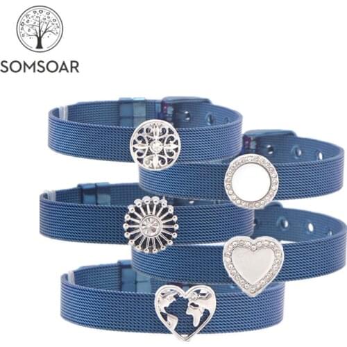 Somsoar Jewelry Blue Stainless Steel Mesh Bracelet Bangles with Slide Charms DIY Jewelry as special Gift