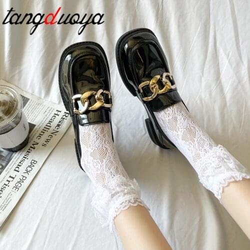 Metal Chain Oxford Shoes for Women Shoes Woman New Slip on Square Platform Shoes Round Toe Loafers Solid Leather Casual Shoes