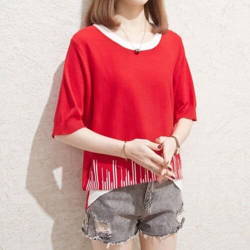 Knitted Red Black Striped Short Sleeve Plus Large Size Clothes WomenS T-Shirts Harajuku Tops Blouses Spring Summer Oversized