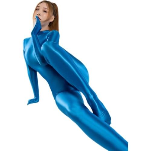 DROZENO Womens solid color long-sleeved tights slippery shiny sportswear Slim tights