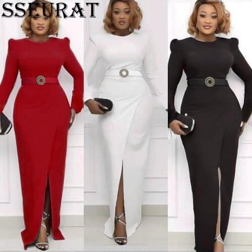 SSEURAT African Long Dresses For Women High Waist Split Full Sleeve Robes Autumn New Solid Elegant African Office Lady Dress