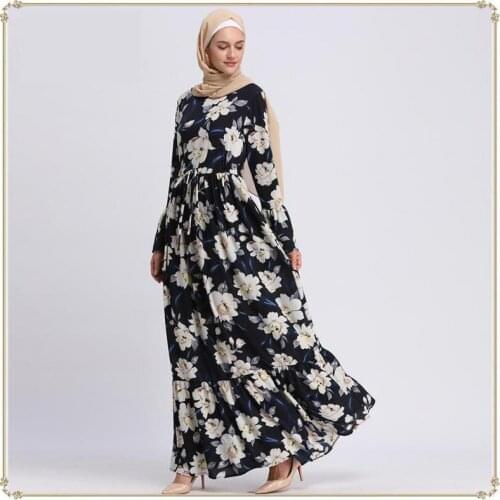 Women Muslim Long Dress Evening Printed Flare Sleeve Super Long Style Dubai Moroccan Kaftan Modest Caftan Turkish Dresses