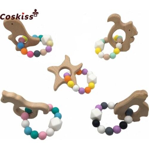 5pcs Beech Wooden Animals Can Chew Beads Food Grade Silicone Teether Baby Toys Baby Shower Gifts Teething Breacelets