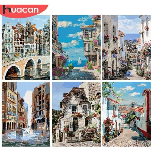 HUACAN DIY Diamond Painting 5d Town Mosaic Street Full Square Drill Diamond Embroidery Cross Stitch Landscape Wall Art