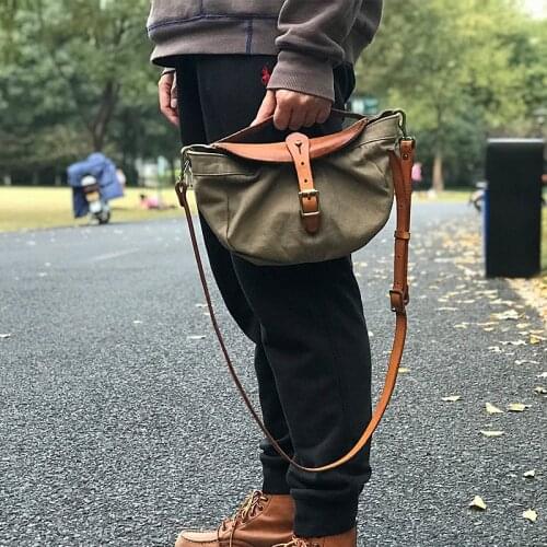 American Retro Canvas with Cowhide Handbag Japanese All-match Mens Shoulder Messenger Bag