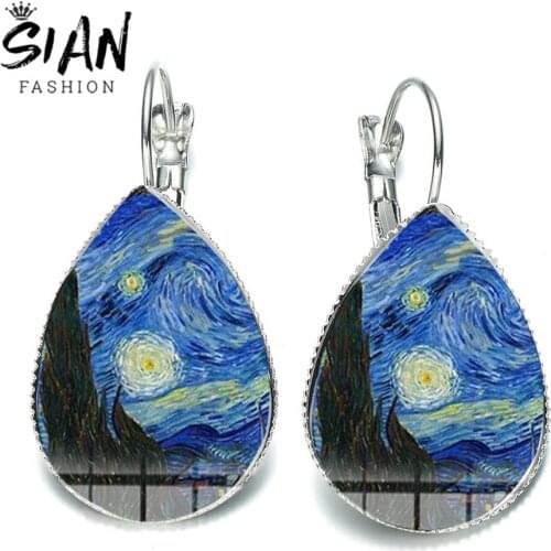 SIAN Simple Van Gogh Artist Earrings Starry Night Gustav Klimt The Kiss Oil Painting Water Drop Glass Earring Jewelry Women Gift
