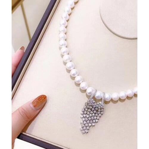 Free shipping Jewelry 9-10mm natural south sea white pearl necklace micro inlay zircon crystal accessory gold pendant