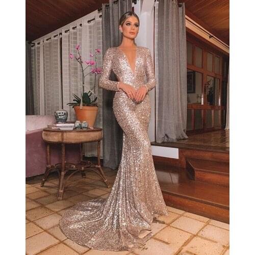 Sparkle Muslim Evening Dresses Mermaid V-neck Long Sleeves Sequins Backless Dubai Saudi Arabia Long Prom Dress Gown
