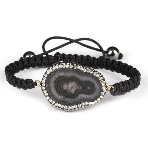 Black druzy crystal stone slice bead pave rhinestone beads hematite end bead charm black rope macrame bracelet unisex