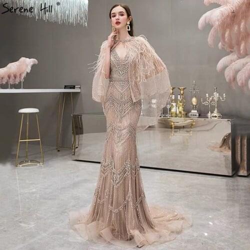 Dubai Champagne V-Neck Sexy Mermaid Evening Dresses 2020 Sleeveless Shawl Yarn Feathers Formal Gown Serene Hill BLA70171