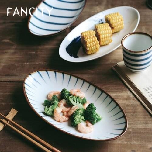 FANCITYJapanese Sushi Plate Oval Fish Plate Dish Plate Household Plate Fruit Plate Personality Creative Ceramic Tableware