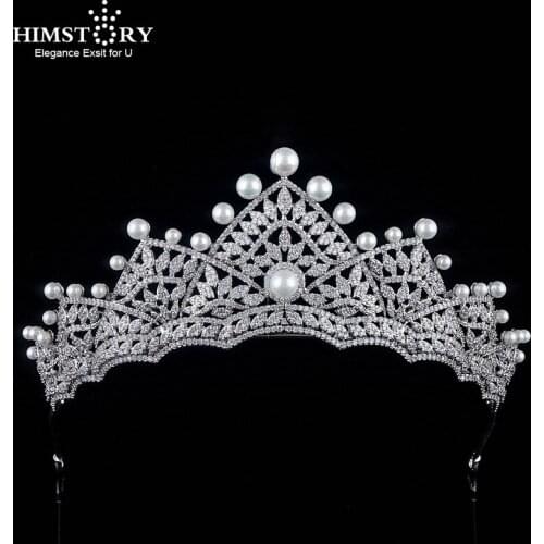 Himstory Cubic Zirconia Pearl Tiaras and Crowns Queen Princess Diadem Party Dress Headband Bride Wedding Hair Accessories