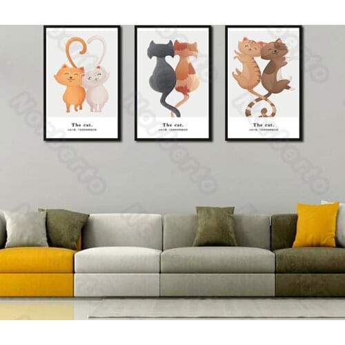 Cartoon Pictures Canvas Painting Wall Poster a Couple Cats with Happiness for Living Room Bedroom Home Restaurant Wall Decoratio