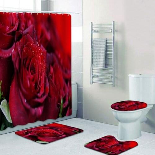 4-piece Set Home Shower Bathroom Floor Mat Combination Bathroom Toilet Romantic Rose Mat 3D Digital Printing Curtain Carpet