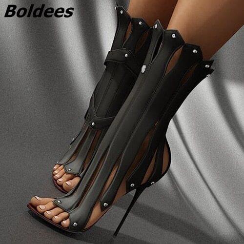 Sexy Ruffles Thin High Heel Dress Sandals Plain Open Toes Zippers Gladiator Sandals Best Selling Women Strappy Sandal Booties