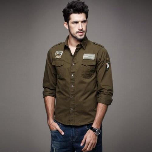 Newest fashion 2017 mens military uniform style shirts Mens Pure Cotton High Quality Casual Solid long Sleeve Brand Work Shirt