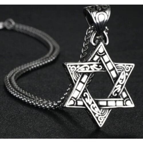 SilveryTone Stainless Steel Link Chain Necklaces for Men Star of David Pendants Necklaces Jewish Bijoux Collar Gift