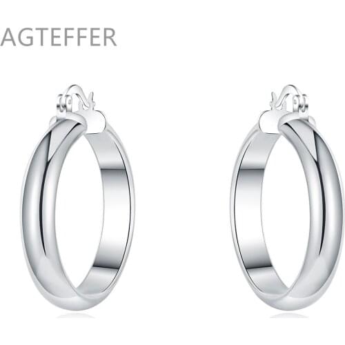 AGTEFFER 925 Sterling Silver 35mm Circle Smooth Hoop Earrings For Women Lady Best Gift Fashion Charm Engagement Wedding Jewelry