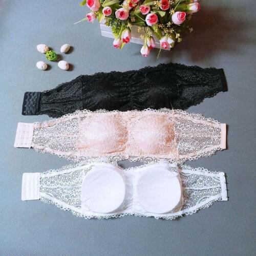 Womens Floral Lace Seamless Bandeau Wire Free 4-Hook Bralette Strapless Tube Top W729 3-Hook